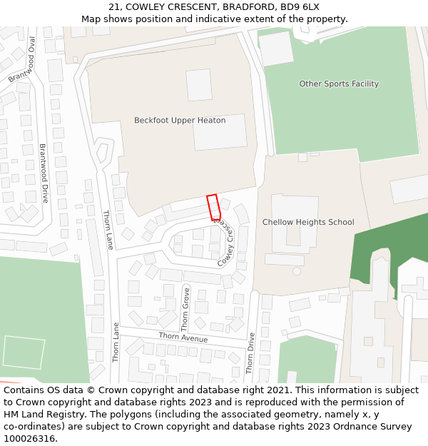 21, COWLEY CRESCENT, BRADFORD, BD9 6LX: Location map and indicative extent of plot