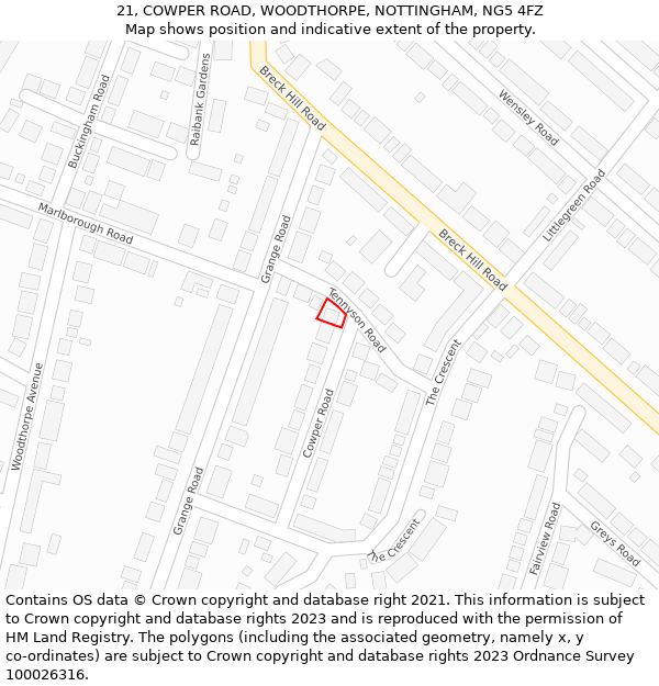 21, COWPER ROAD, WOODTHORPE, NOTTINGHAM, NG5 4FZ: Location map and indicative extent of plot