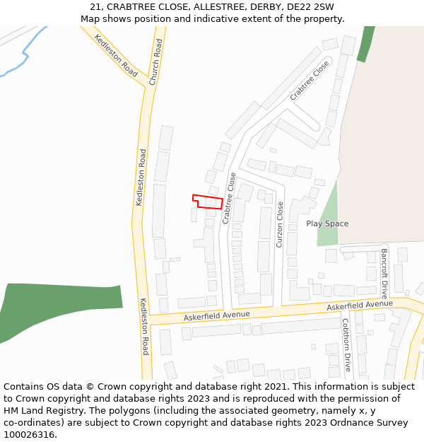 21, CRABTREE CLOSE, ALLESTREE, DERBY, DE22 2SW: Location map and indicative extent of plot