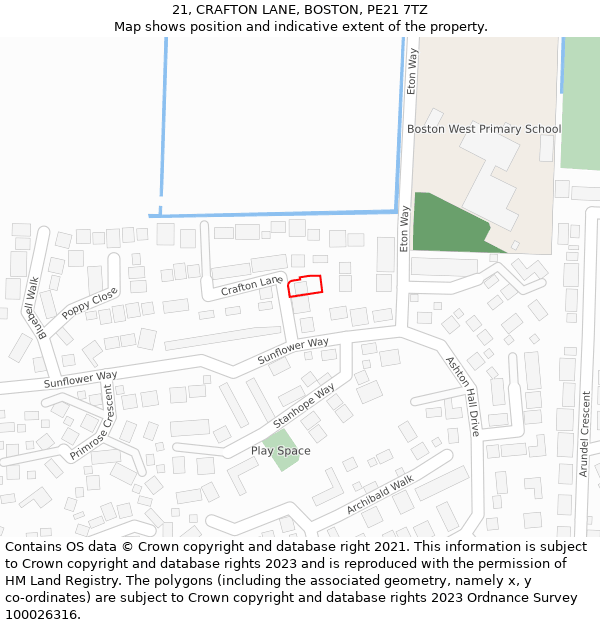 21, CRAFTON LANE, BOSTON, PE21 7TZ: Location map and indicative extent of plot