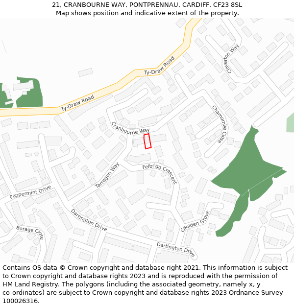 21, CRANBOURNE WAY, PONTPRENNAU, CARDIFF, CF23 8SL: Location map and indicative extent of plot