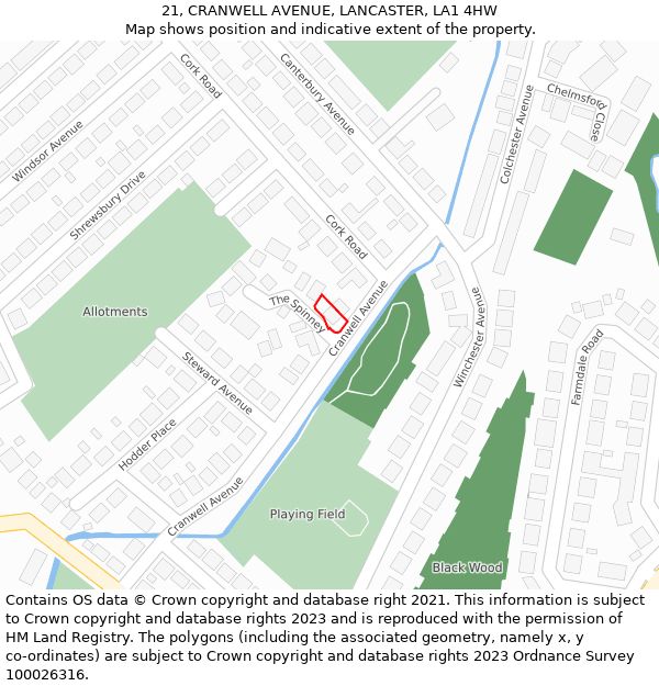 21, CRANWELL AVENUE, LANCASTER, LA1 4HW: Location map and indicative extent of plot