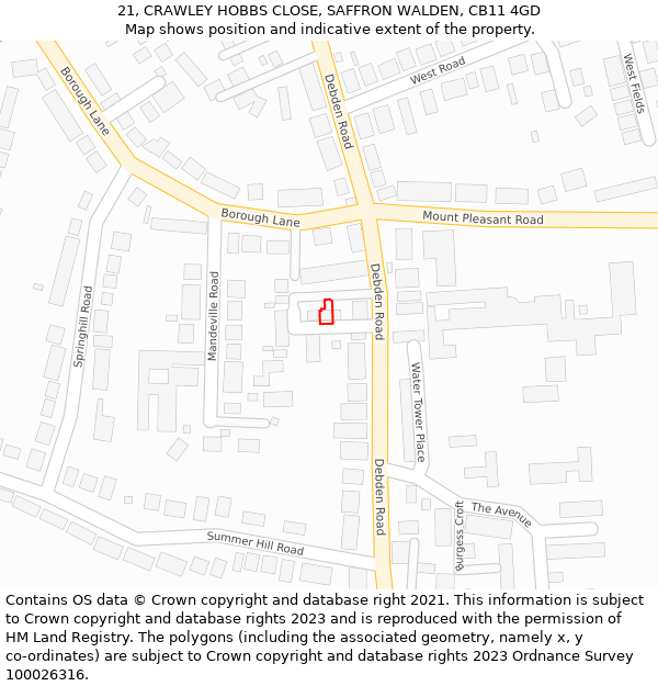 21, CRAWLEY HOBBS CLOSE, SAFFRON WALDEN, CB11 4GD: Location map and indicative extent of plot