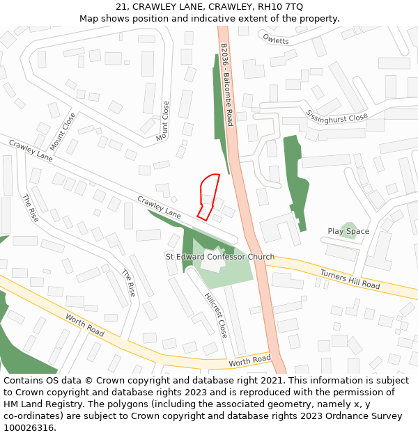 21, CRAWLEY LANE, CRAWLEY, RH10 7TQ: Location map and indicative extent of plot