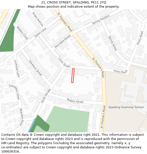 21, CROSS STREET, SPALDING, PE11 2YQ: Location map and indicative extent of plot