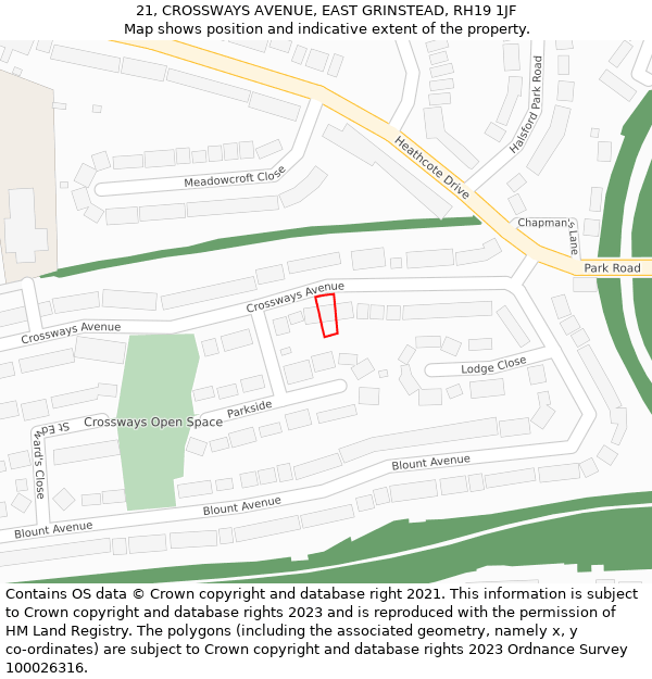 21, CROSSWAYS AVENUE, EAST GRINSTEAD, RH19 1JF: Location map and indicative extent of plot