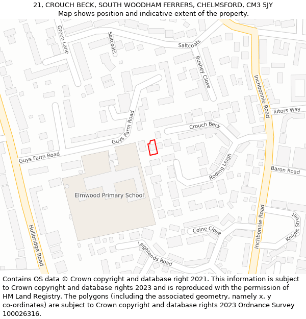 21, CROUCH BECK, SOUTH WOODHAM FERRERS, CHELMSFORD, CM3 5JY: Location map and indicative extent of plot