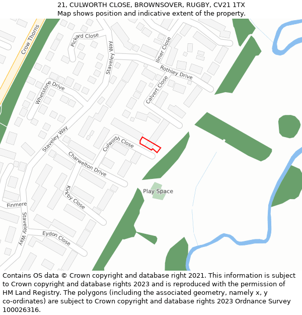 21, CULWORTH CLOSE, BROWNSOVER, RUGBY, CV21 1TX: Location map and indicative extent of plot