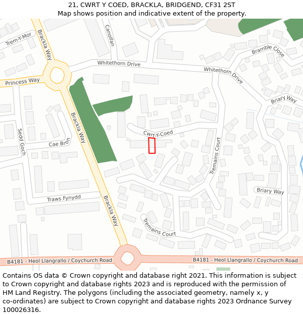 21, CWRT Y COED, BRACKLA, BRIDGEND, CF31 2ST: Location map and indicative extent of plot