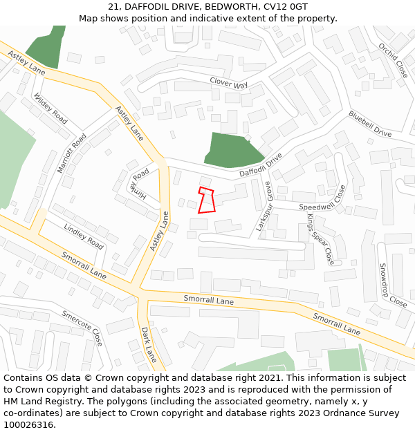 21, DAFFODIL DRIVE, BEDWORTH, CV12 0GT: Location map and indicative extent of plot