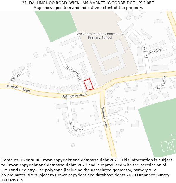 21, DALLINGHOO ROAD, WICKHAM MARKET, WOODBRIDGE, IP13 0RT: Location map and indicative extent of plot