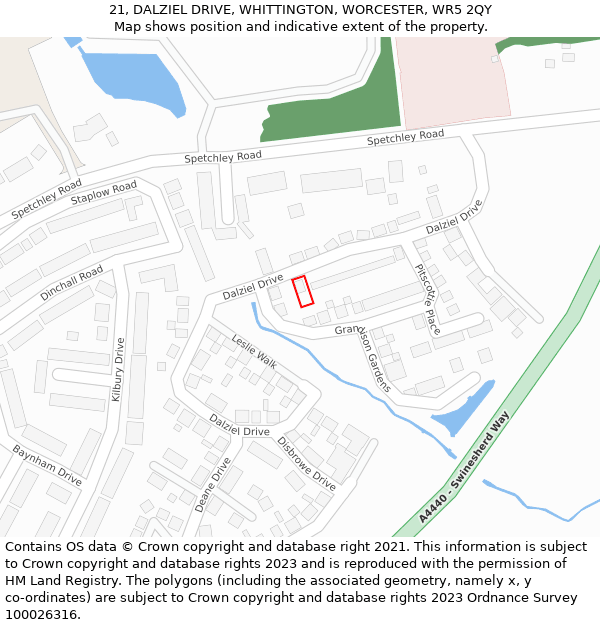 21, DALZIEL DRIVE, WHITTINGTON, WORCESTER, WR5 2QY: Location map and indicative extent of plot