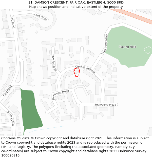 21, DAMSON CRESCENT, FAIR OAK, EASTLEIGH, SO50 8RD: Location map and indicative extent of plot