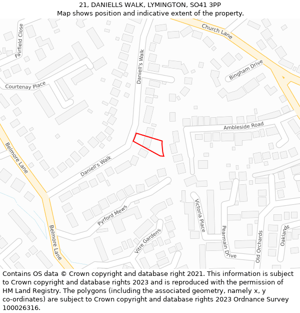 21, DANIELLS WALK, LYMINGTON, SO41 3PP: Location map and indicative extent of plot