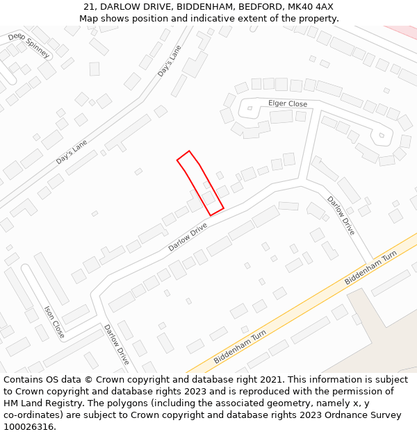 21, DARLOW DRIVE, BIDDENHAM, BEDFORD, MK40 4AX: Location map and indicative extent of plot