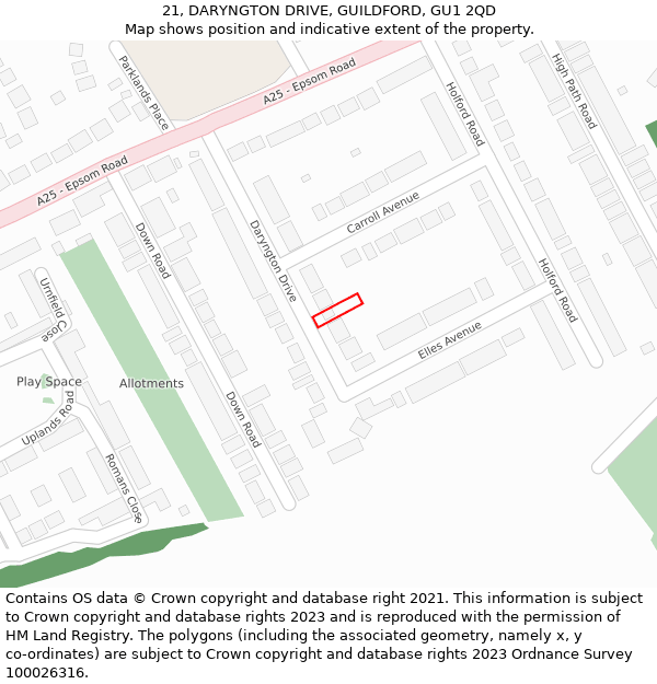 21, DARYNGTON DRIVE, GUILDFORD, GU1 2QD: Location map and indicative extent of plot