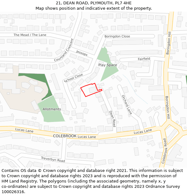 21, DEAN ROAD, PLYMOUTH, PL7 4HE: Location map and indicative extent of plot