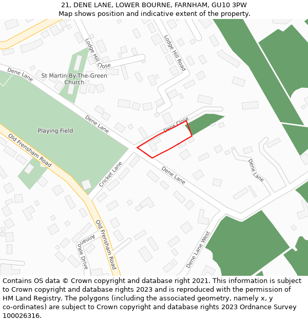 21, DENE LANE, LOWER BOURNE, FARNHAM, GU10 3PW: Location map and indicative extent of plot