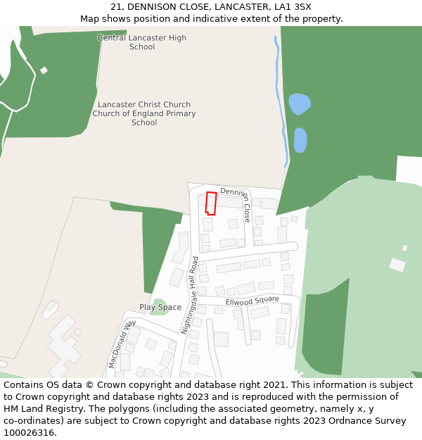 21, DENNISON CLOSE, LANCASTER, LA1 3SX: Location map and indicative extent of plot