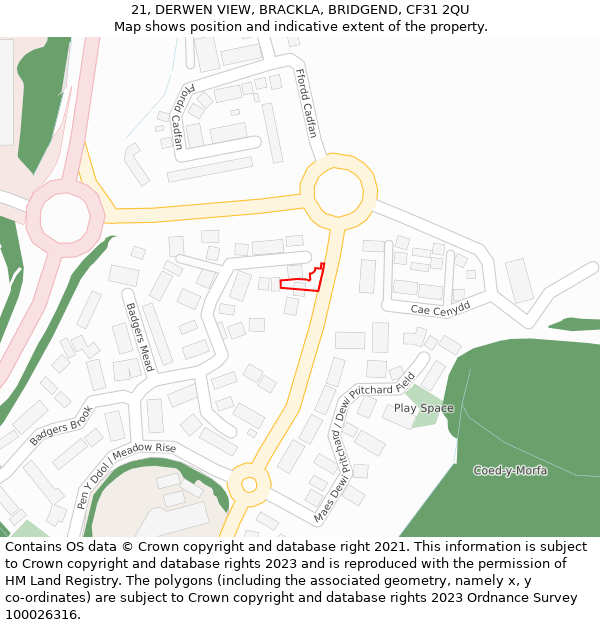 21, DERWEN VIEW, BRACKLA, BRIDGEND, CF31 2QU: Location map and indicative extent of plot