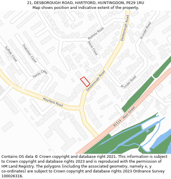 21, DESBOROUGH ROAD, HARTFORD, HUNTINGDON, PE29 1RU: Location map and indicative extent of plot