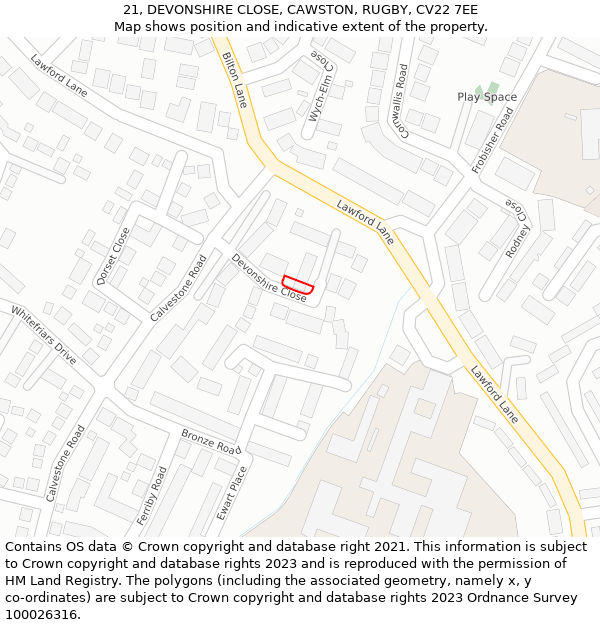 21, DEVONSHIRE CLOSE, CAWSTON, RUGBY, CV22 7EE: Location map and indicative extent of plot