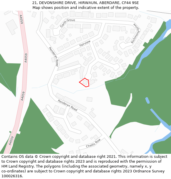 21, DEVONSHIRE DRIVE, HIRWAUN, ABERDARE, CF44 9SE: Location map and indicative extent of plot