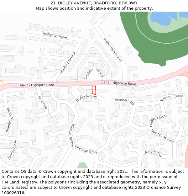 21, DIGLEY AVENUE, BRADFORD, BD6 3WY: Location map and indicative extent of plot
