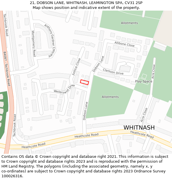 21, DOBSON LANE, WHITNASH, LEAMINGTON SPA, CV31 2SP: Location map and indicative extent of plot