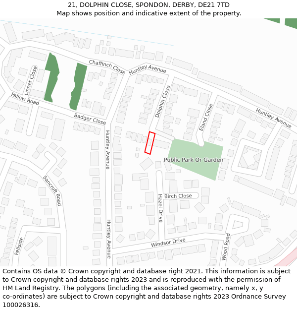 21, DOLPHIN CLOSE, SPONDON, DERBY, DE21 7TD: Location map and indicative extent of plot