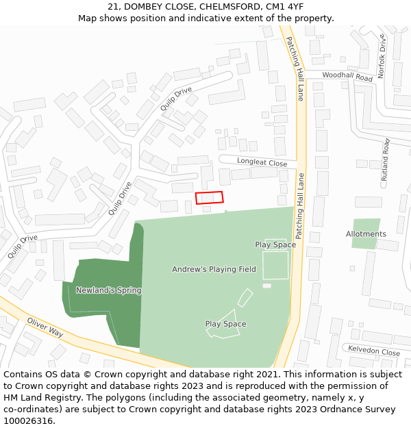 21, DOMBEY CLOSE, CHELMSFORD, CM1 4YF: Location map and indicative extent of plot