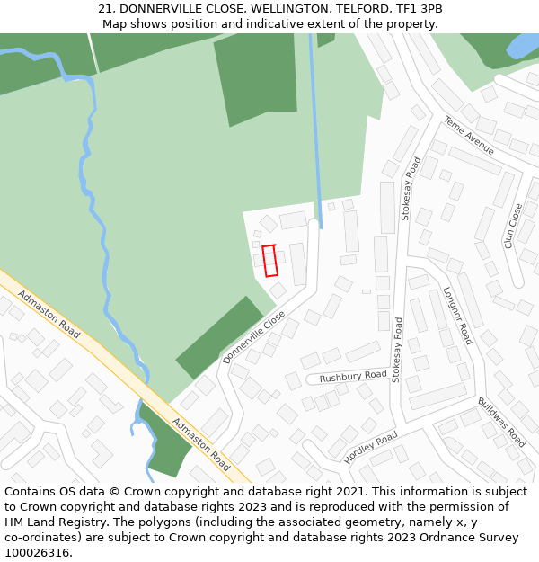 21, DONNERVILLE CLOSE, WELLINGTON, TELFORD, TF1 3PB: Location map and indicative extent of plot