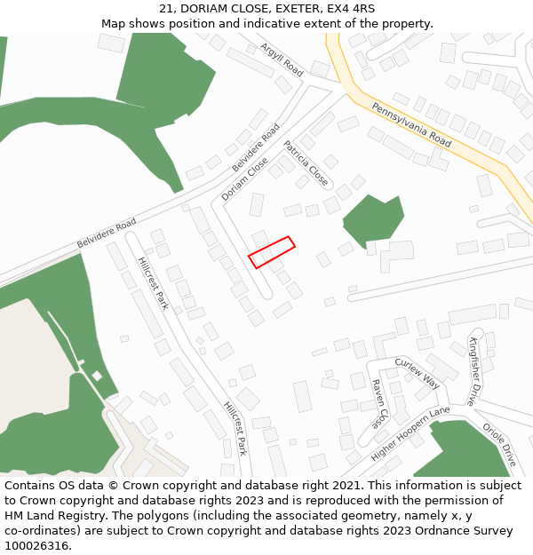 21, DORIAM CLOSE, EXETER, EX4 4RS: Location map and indicative extent of plot