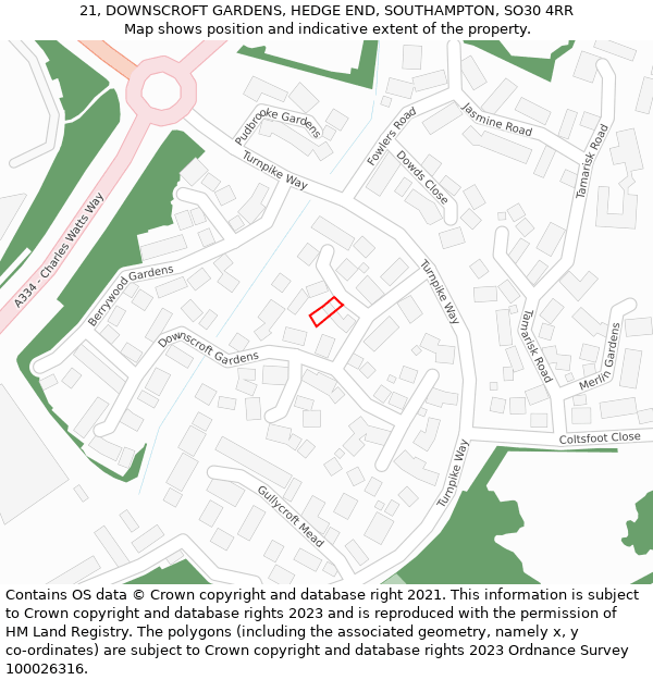 21, DOWNSCROFT GARDENS, HEDGE END, SOUTHAMPTON, SO30 4RR: Location map and indicative extent of plot