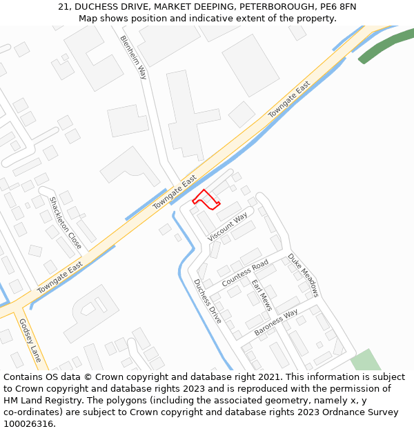 21, DUCHESS DRIVE, MARKET DEEPING, PETERBOROUGH, PE6 8FN: Location map and indicative extent of plot