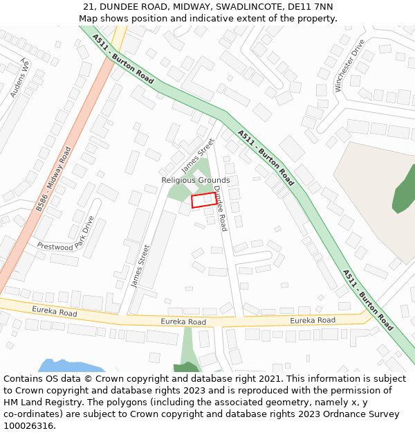 21, DUNDEE ROAD, MIDWAY, SWADLINCOTE, DE11 7NN: Location map and indicative extent of plot