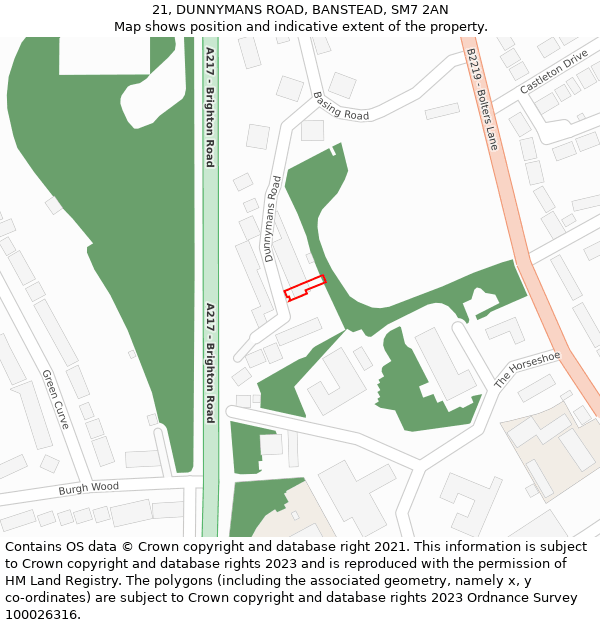 21, DUNNYMANS ROAD, BANSTEAD, SM7 2AN: Location map and indicative extent of plot