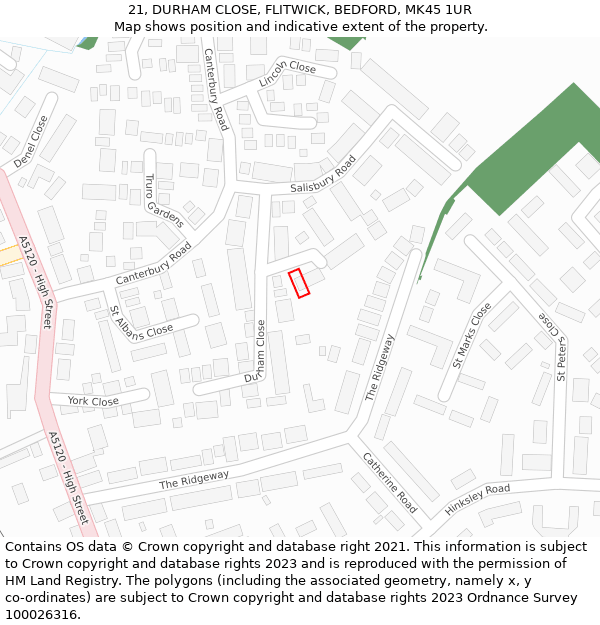 21, DURHAM CLOSE, FLITWICK, BEDFORD, MK45 1UR: Location map and indicative extent of plot