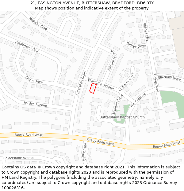 21, EASINGTON AVENUE, BUTTERSHAW, BRADFORD, BD6 3TY: Location map and indicative extent of plot