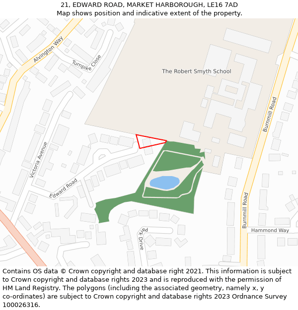 21, EDWARD ROAD, MARKET HARBOROUGH, LE16 7AD: Location map and indicative extent of plot
