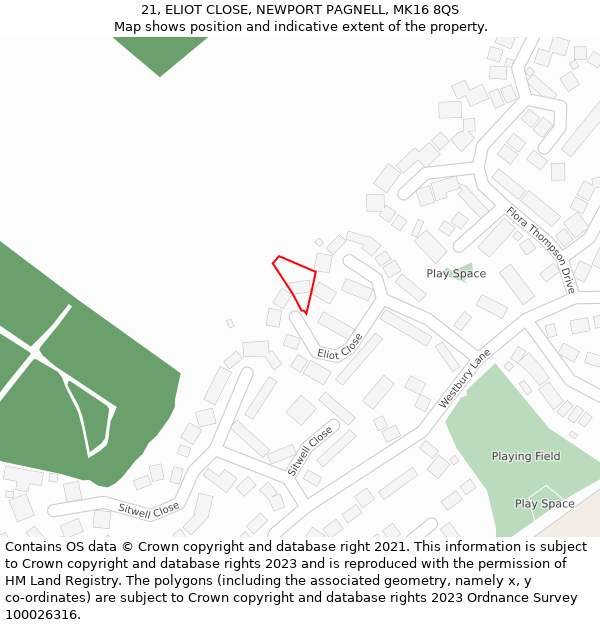 21, ELIOT CLOSE, NEWPORT PAGNELL, MK16 8QS: Location map and indicative extent of plot