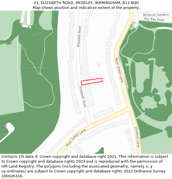 21, ELIZABETH ROAD, MOSELEY, BIRMINGHAM, B13 8QH: Location map and indicative extent of plot