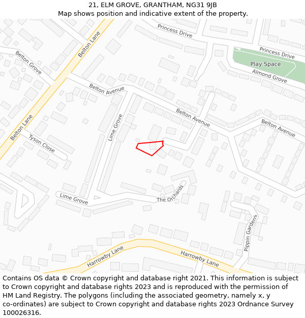 21, ELM GROVE, GRANTHAM, NG31 9JB: Location map and indicative extent of plot