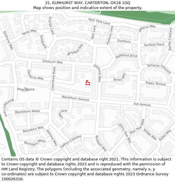 21, ELMHURST WAY, CARTERTON, OX18 1GQ: Location map and indicative extent of plot