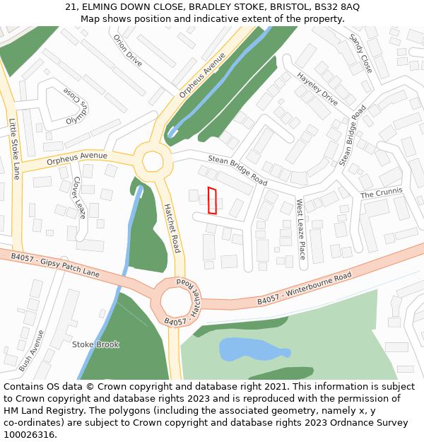 21, ELMING DOWN CLOSE, BRADLEY STOKE, BRISTOL, BS32 8AQ: Location map and indicative extent of plot