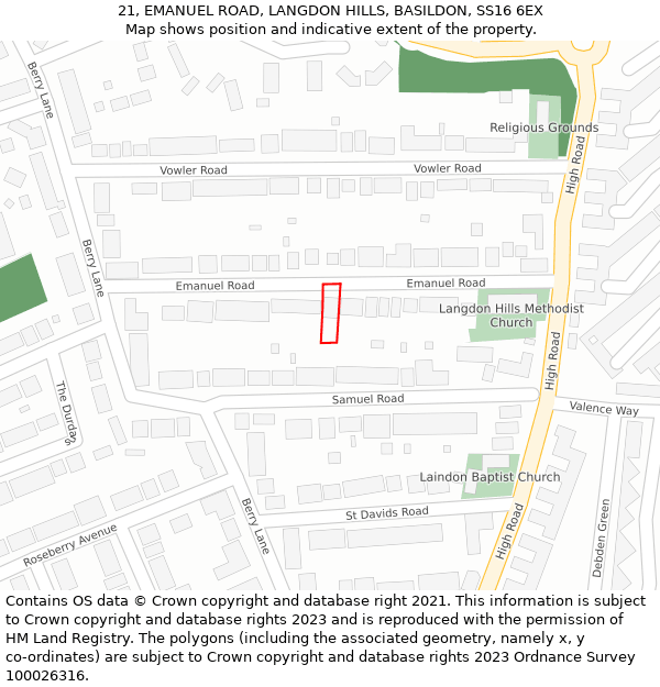 21, EMANUEL ROAD, LANGDON HILLS, BASILDON, SS16 6EX: Location map and indicative extent of plot