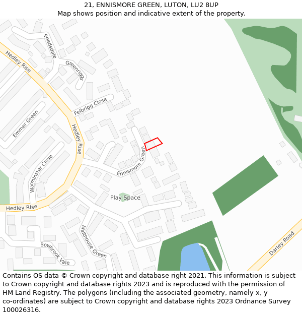 21, ENNISMORE GREEN, LUTON, LU2 8UP: Location map and indicative extent of plot