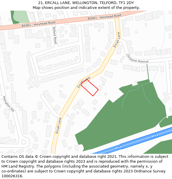21, ERCALL LANE, WELLINGTON, TELFORD, TF1 2DY: Location map and indicative extent of plot