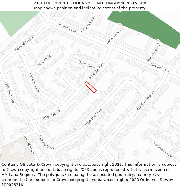 21, ETHEL AVENUE, HUCKNALL, NOTTINGHAM, NG15 8DB: Location map and indicative extent of plot