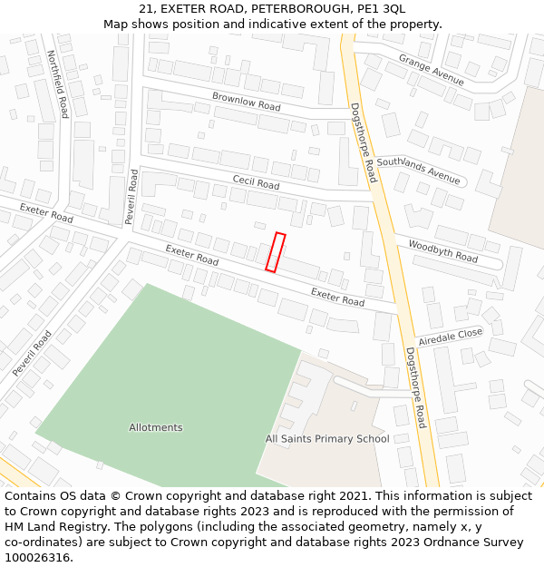 21, EXETER ROAD, PETERBOROUGH, PE1 3QL: Location map and indicative extent of plot